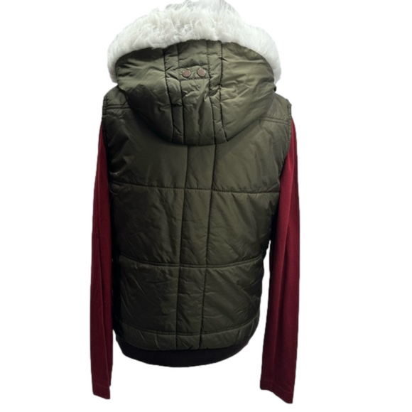 Pennsylvania Embroidered Olive Green Faux Fur Trim Puffer Vest Size Medium - Picture 5 of 12